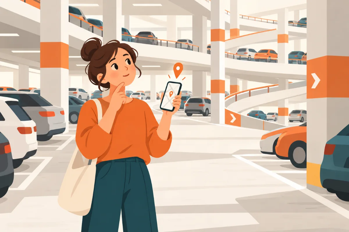広い駐車場でスマホを手に、停めた場所を確かめようとしている人のイラスト